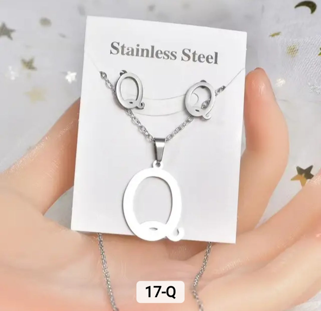 Stainless Steel silver Alphabet Necklace and Earrings