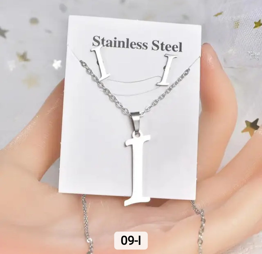 Stainless Steel silver Alphabet Necklace and Earrings