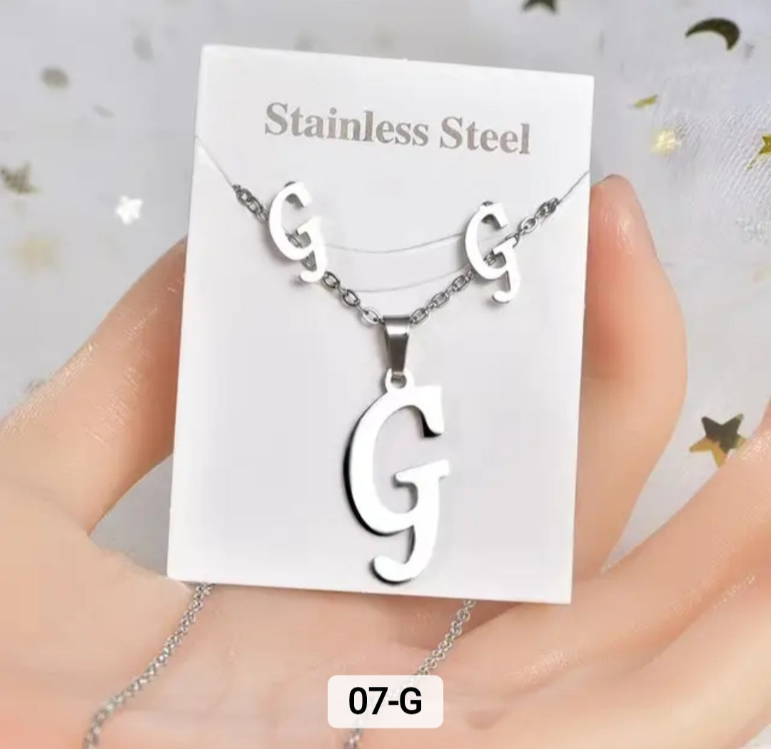 Stainless Steel silver Alphabet Necklace and Earrings