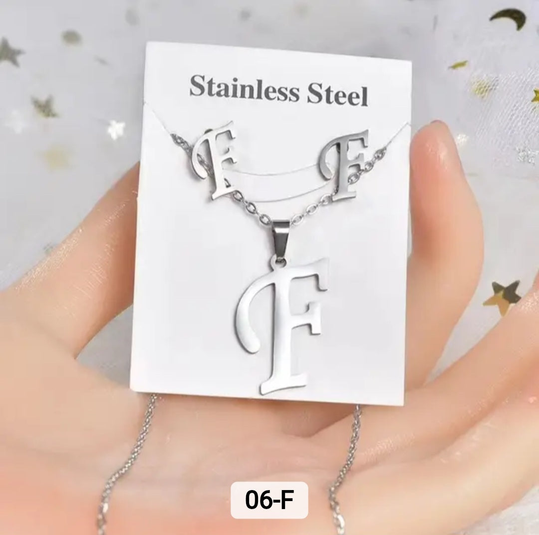 Stainless Steel silver Alphabet Necklace and Earrings