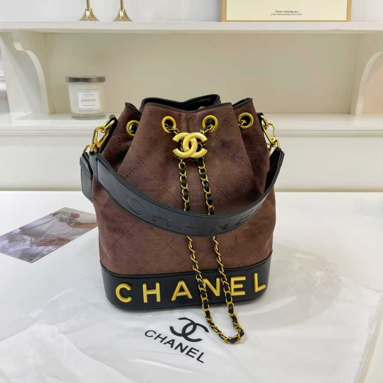 Chanel inspired Suade bucket handbag