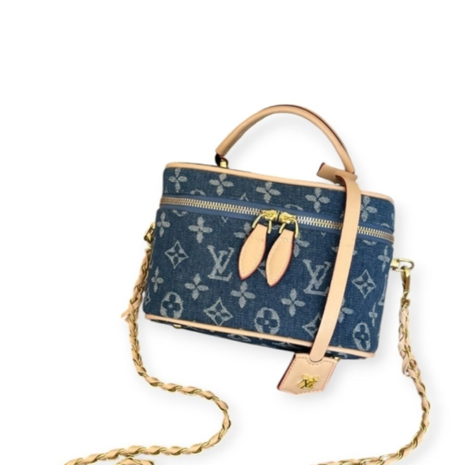 LV inspired denim cosmetics bag