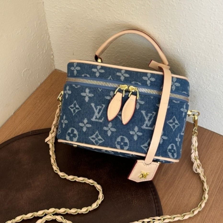 LV inspired denim cosmetics bag