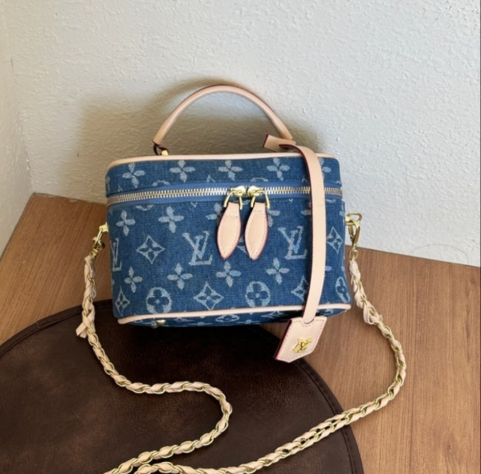 LV inspired denim cosmetics bag