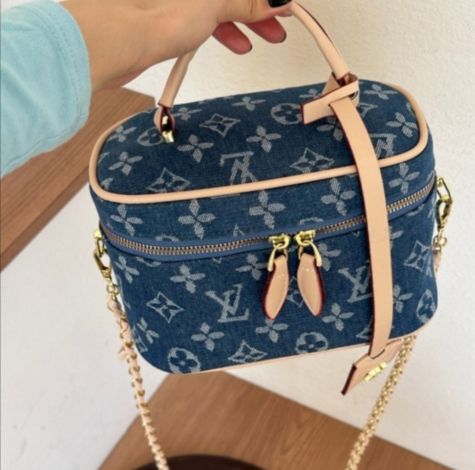 LV inspired denim cosmetics bag