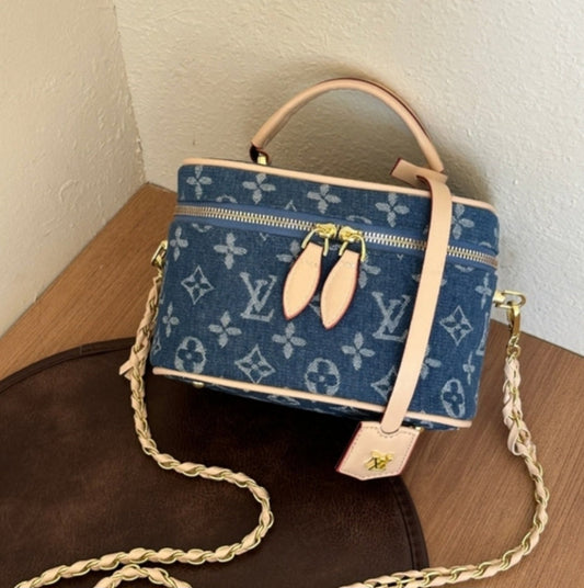 LV inspired denim cosmetics bag