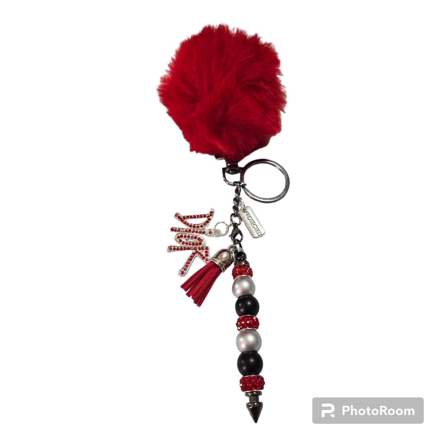 Pom pom beaded bar key chain