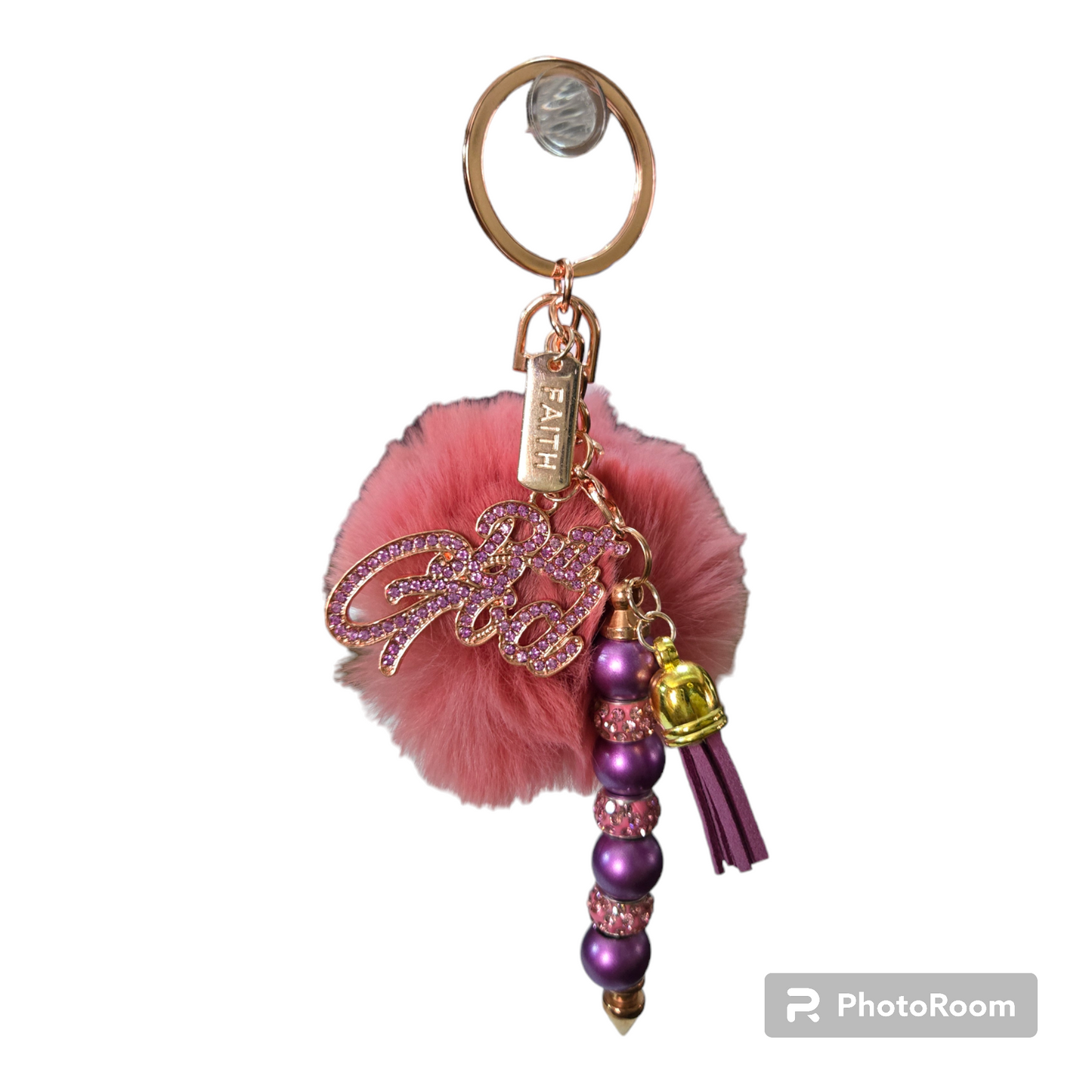 Pom pom beaded bar keychain
