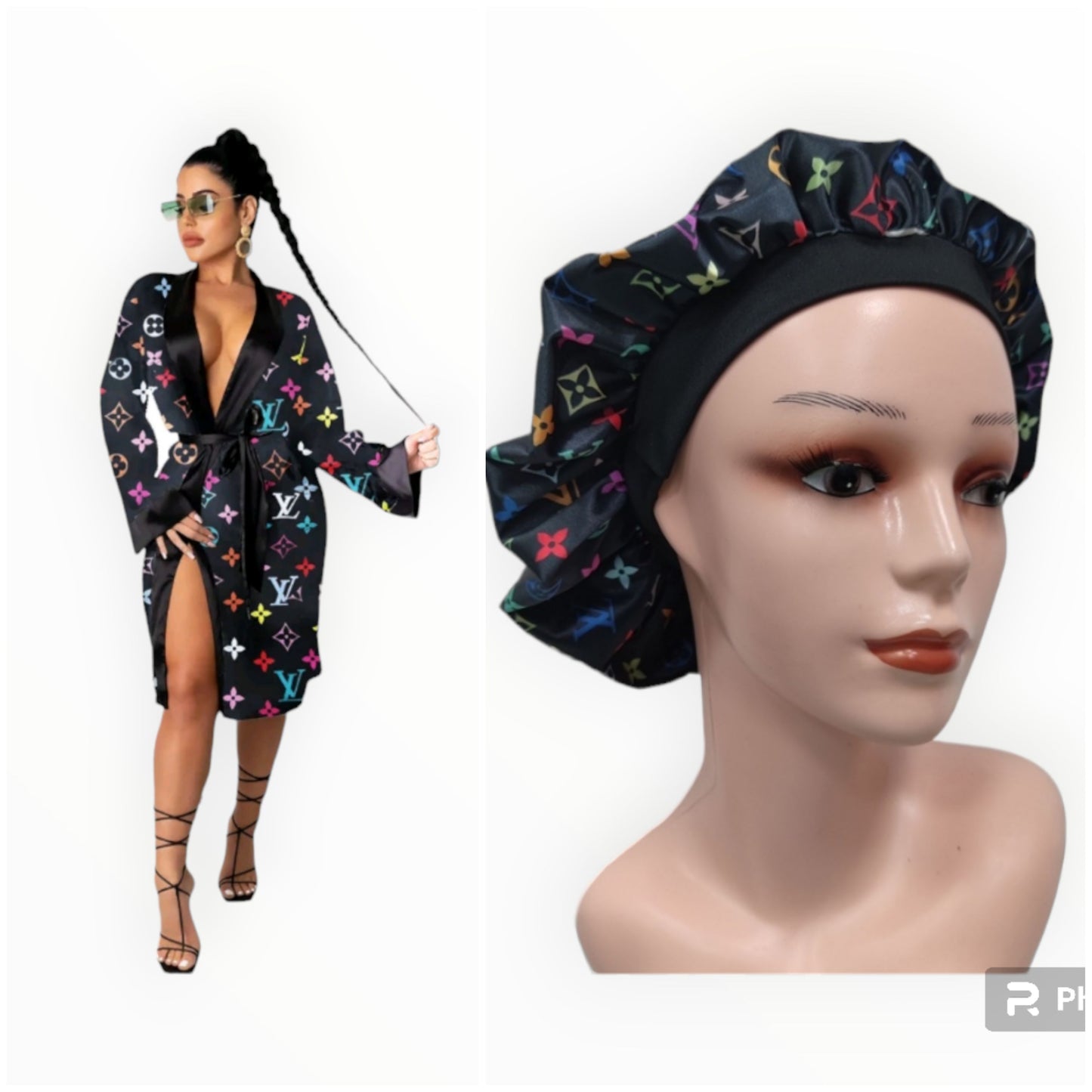 LV inspired Robe and Bonnet set