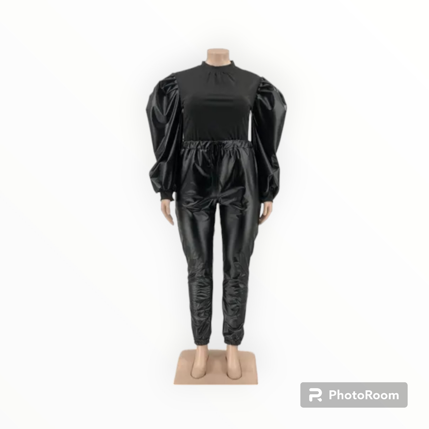 Plus size Puff sleeves faux leather 2pc joggers set