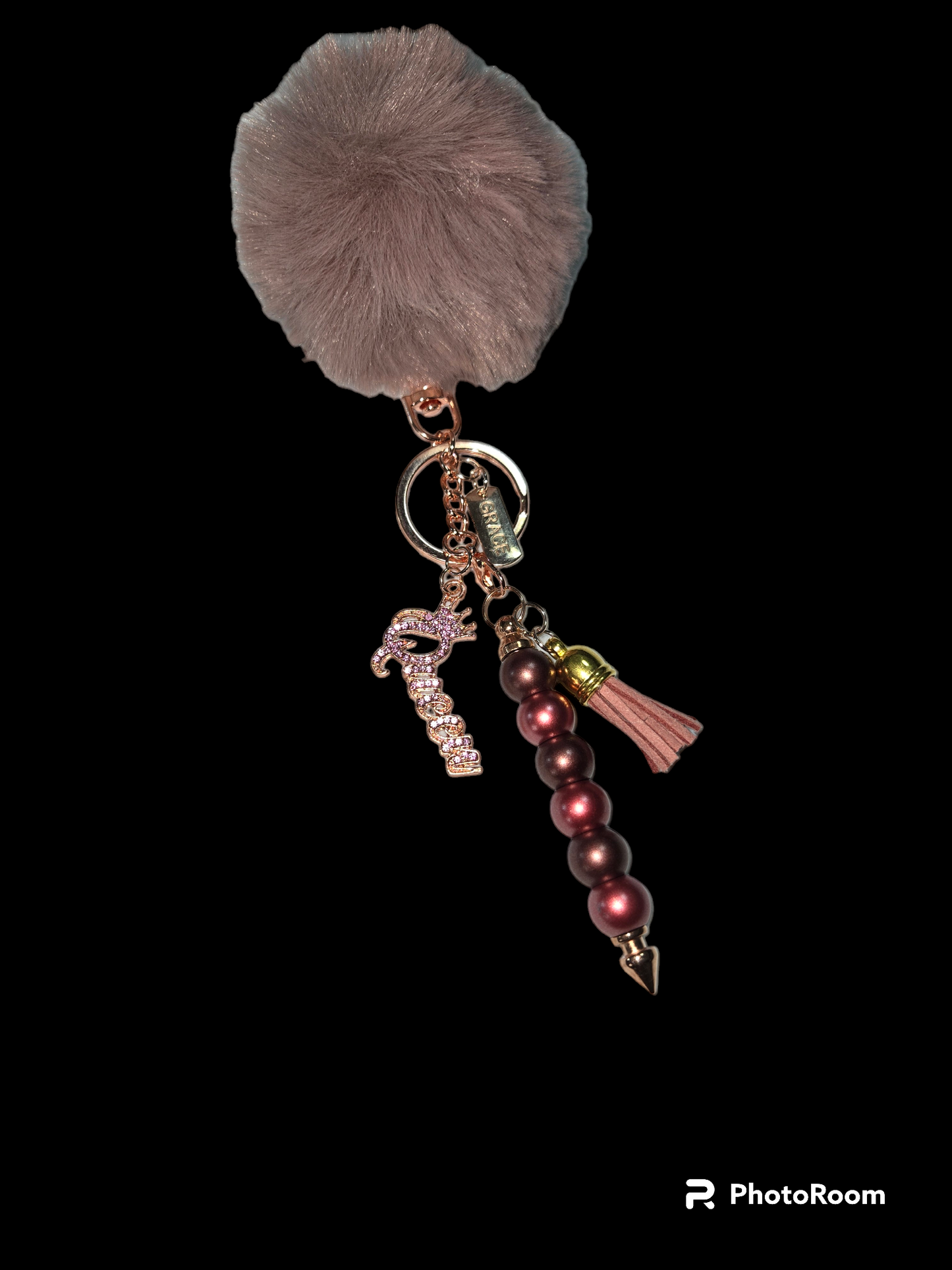 Pom pom beaded bar keychain