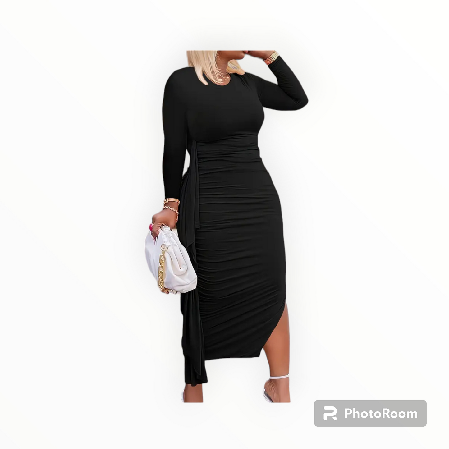 Plus size women ruffle trim side drape midi dress