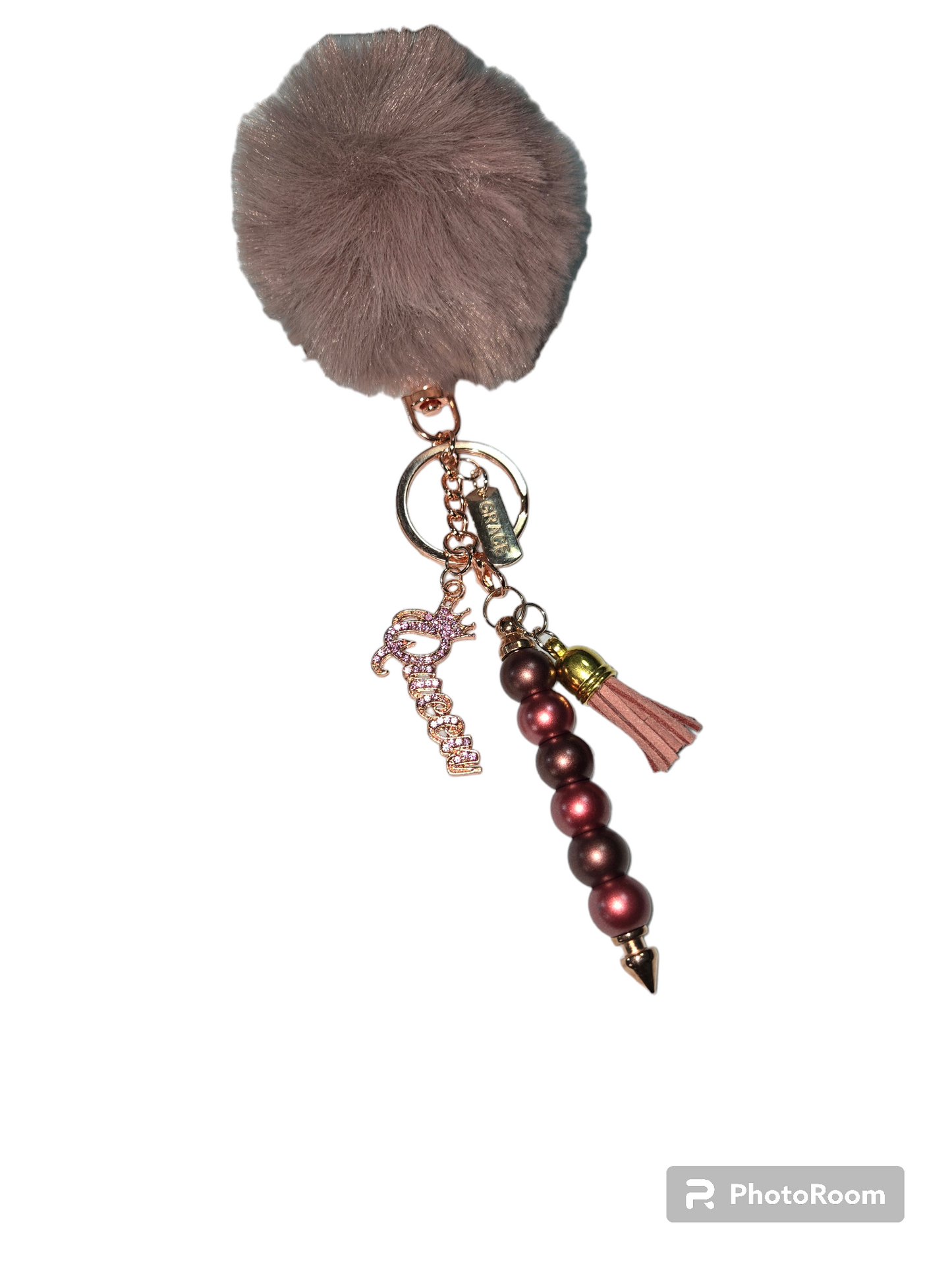Pom pom beaded bar keychain