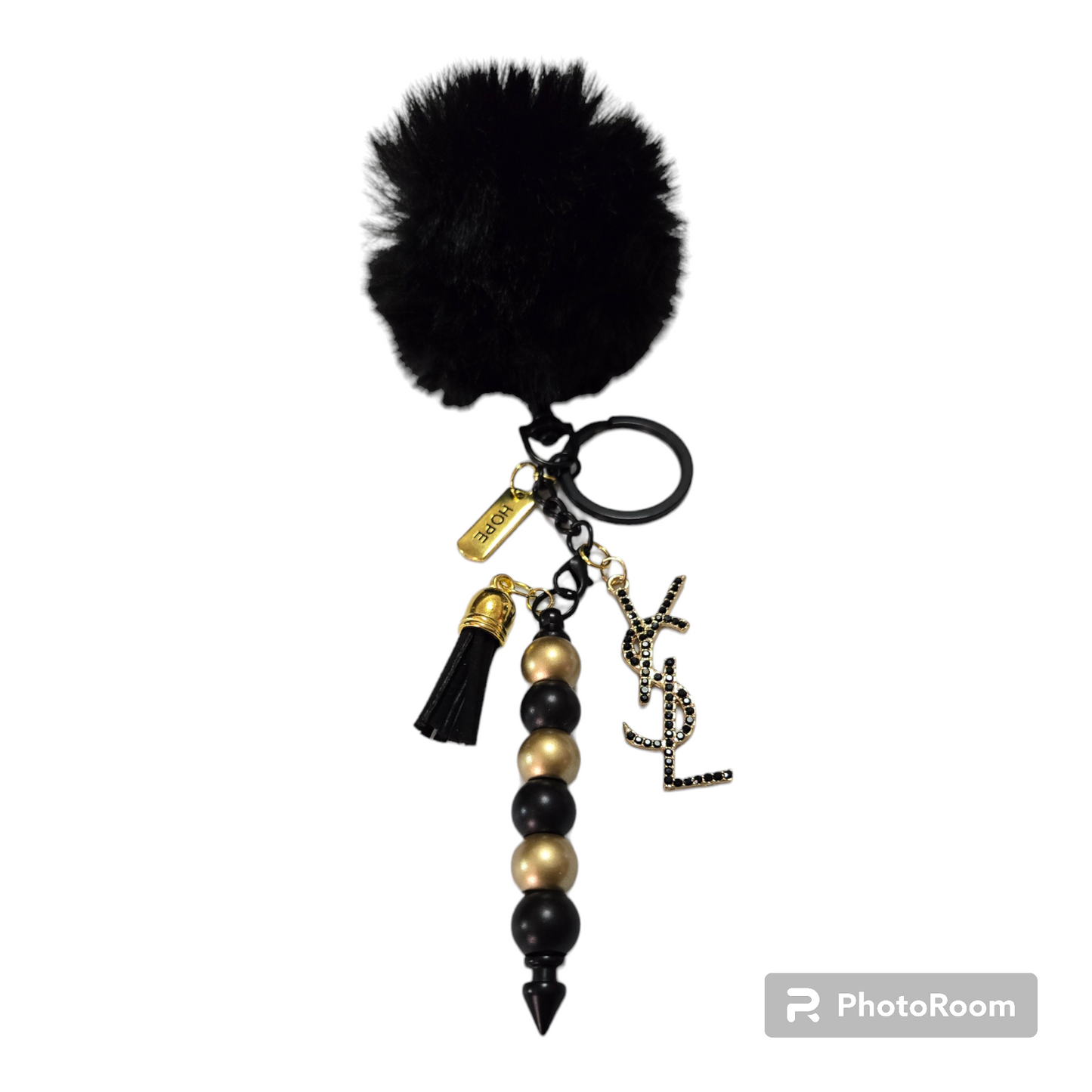 Pom pom beaded bar key chain