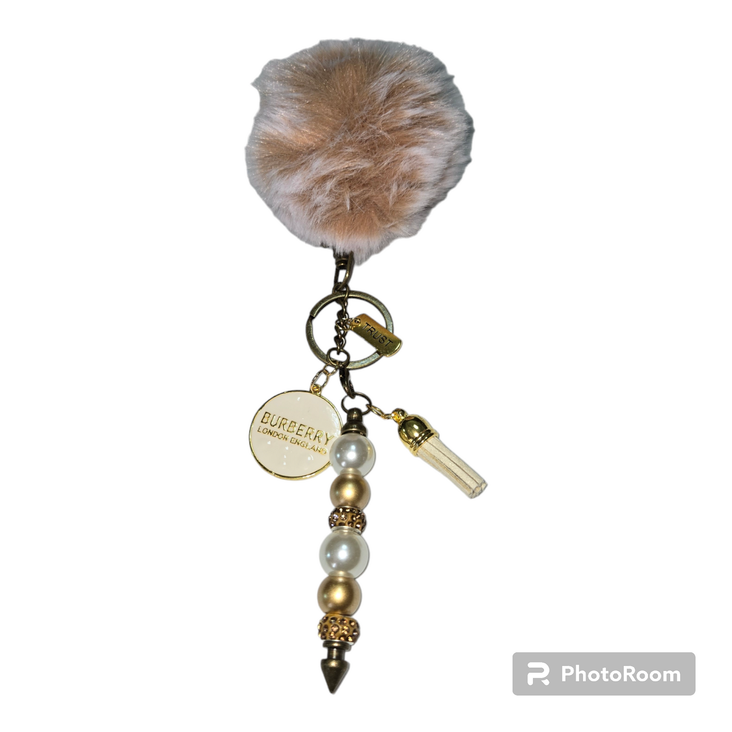 Pom pom beaded bar keychain