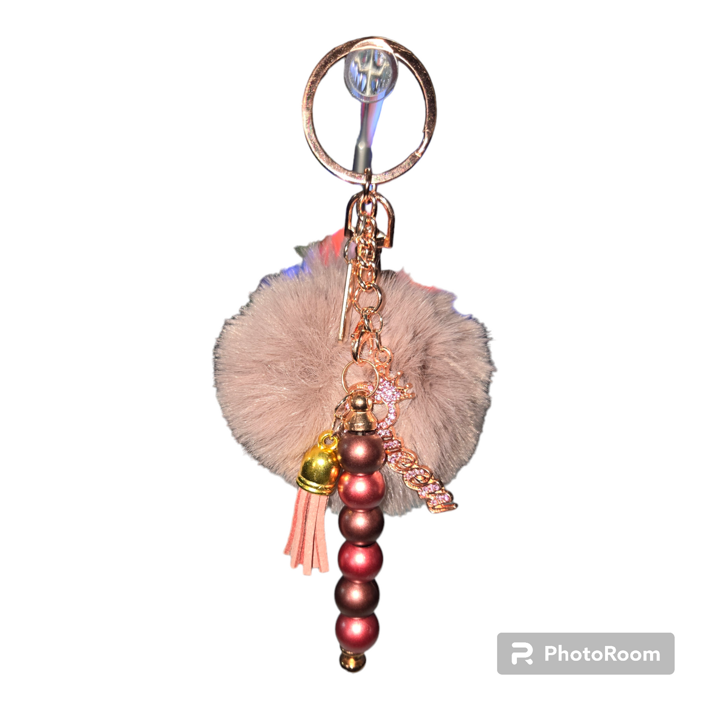 Pom pom beaded bar keychain