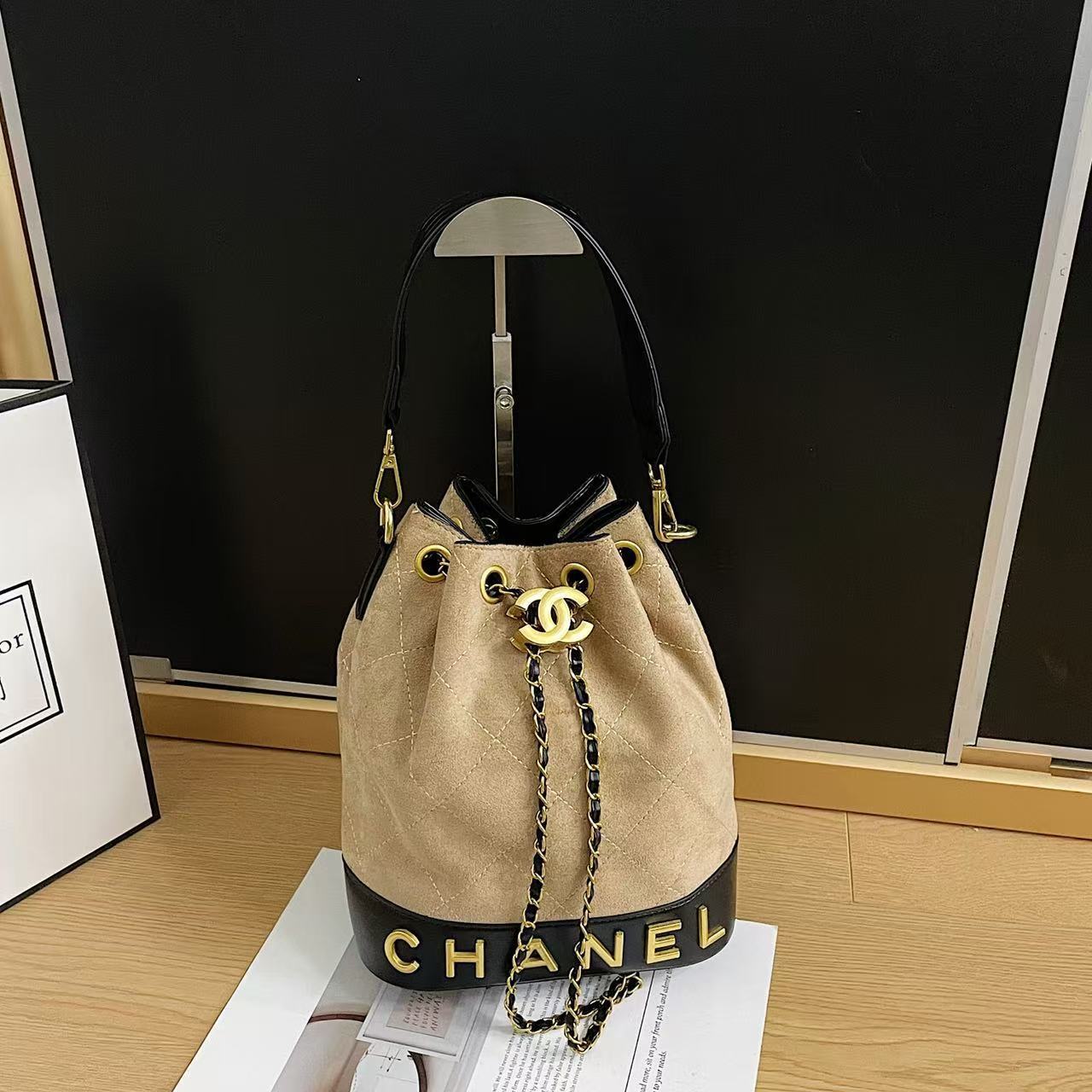 Chanel inspired Suade bucket handbag