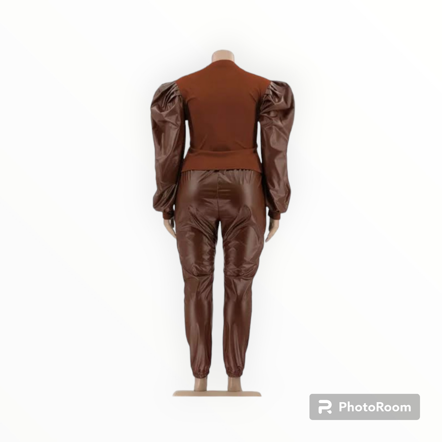 Plus size Puff sleeves faux leather 2pc joggers set