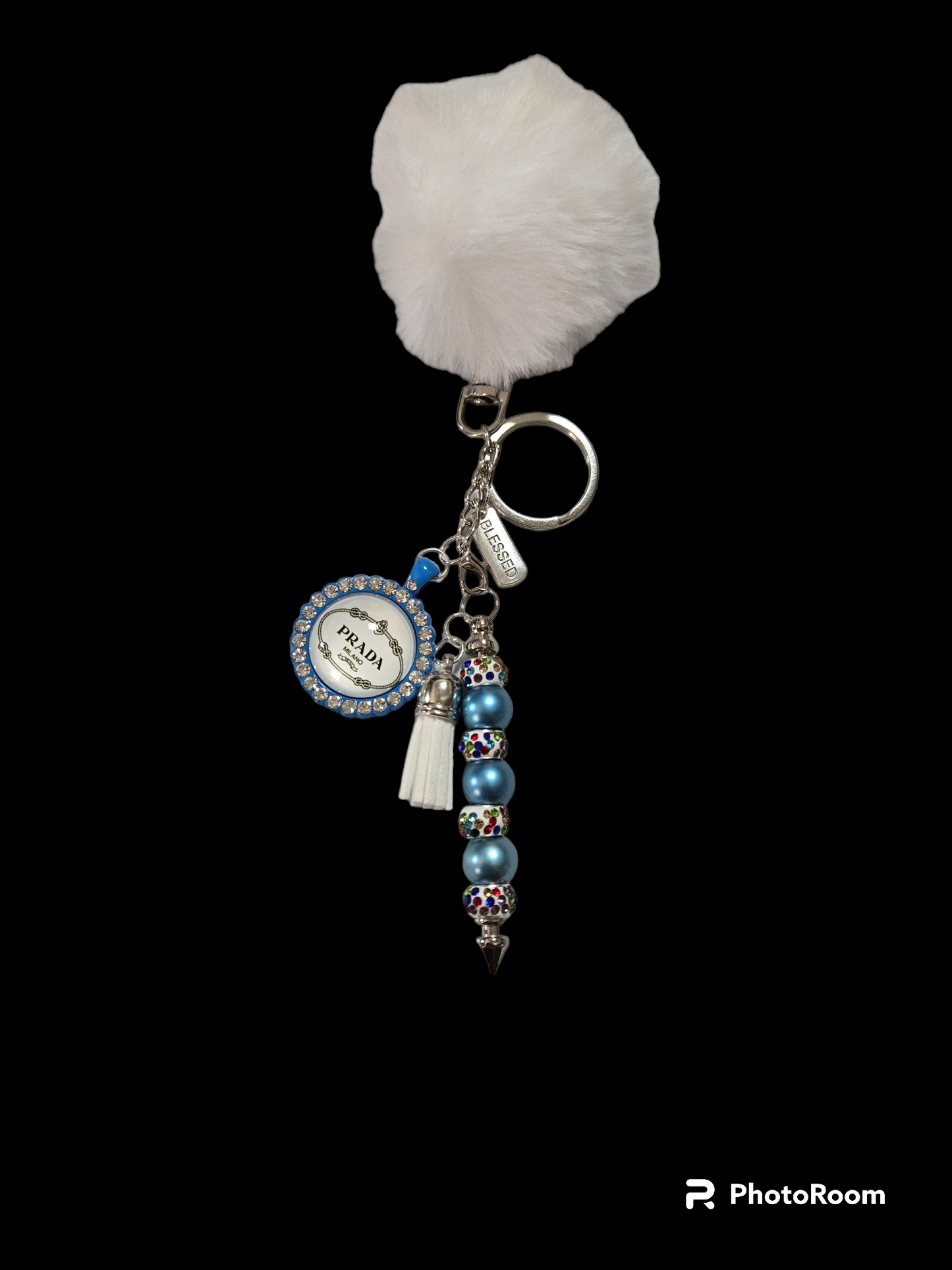Pom pom beaded bar key chain