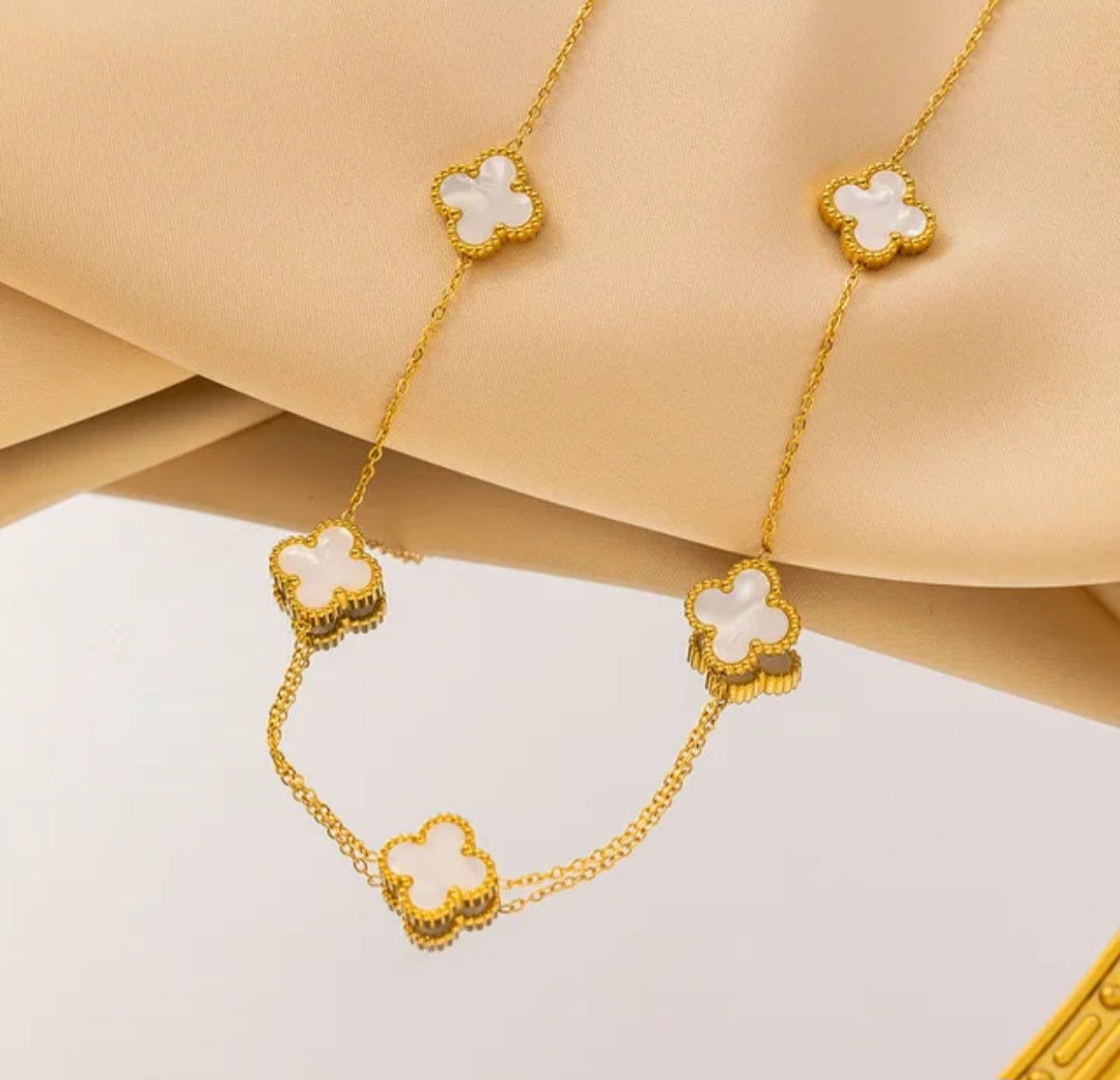 Stainless Steel Van 5 Charm 4 leaf Clover Necklace