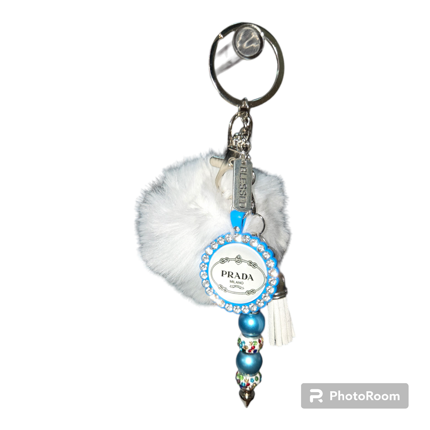 Pom pom beaded bar key chain