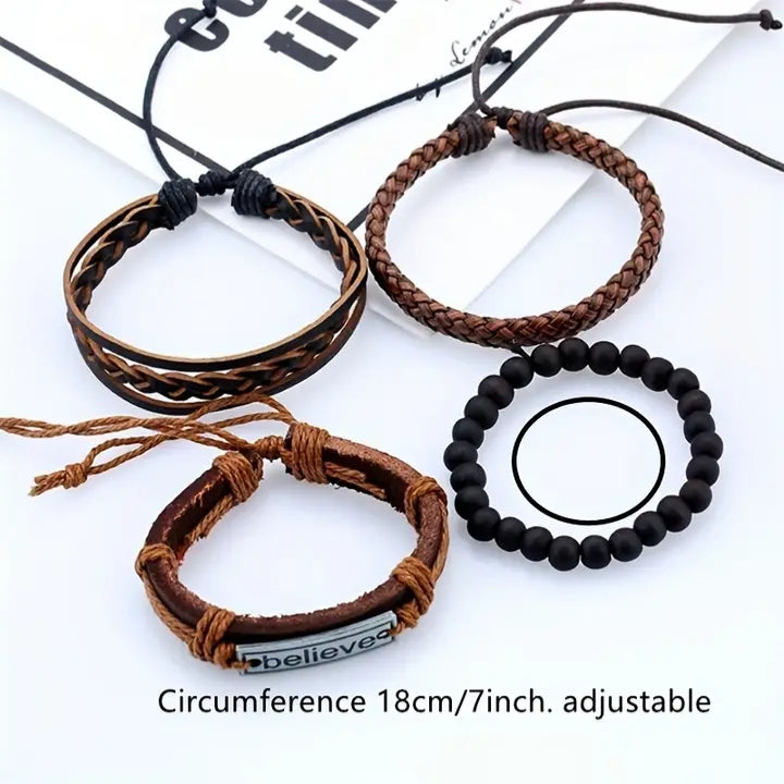 Beaded and braided leather bracelet set