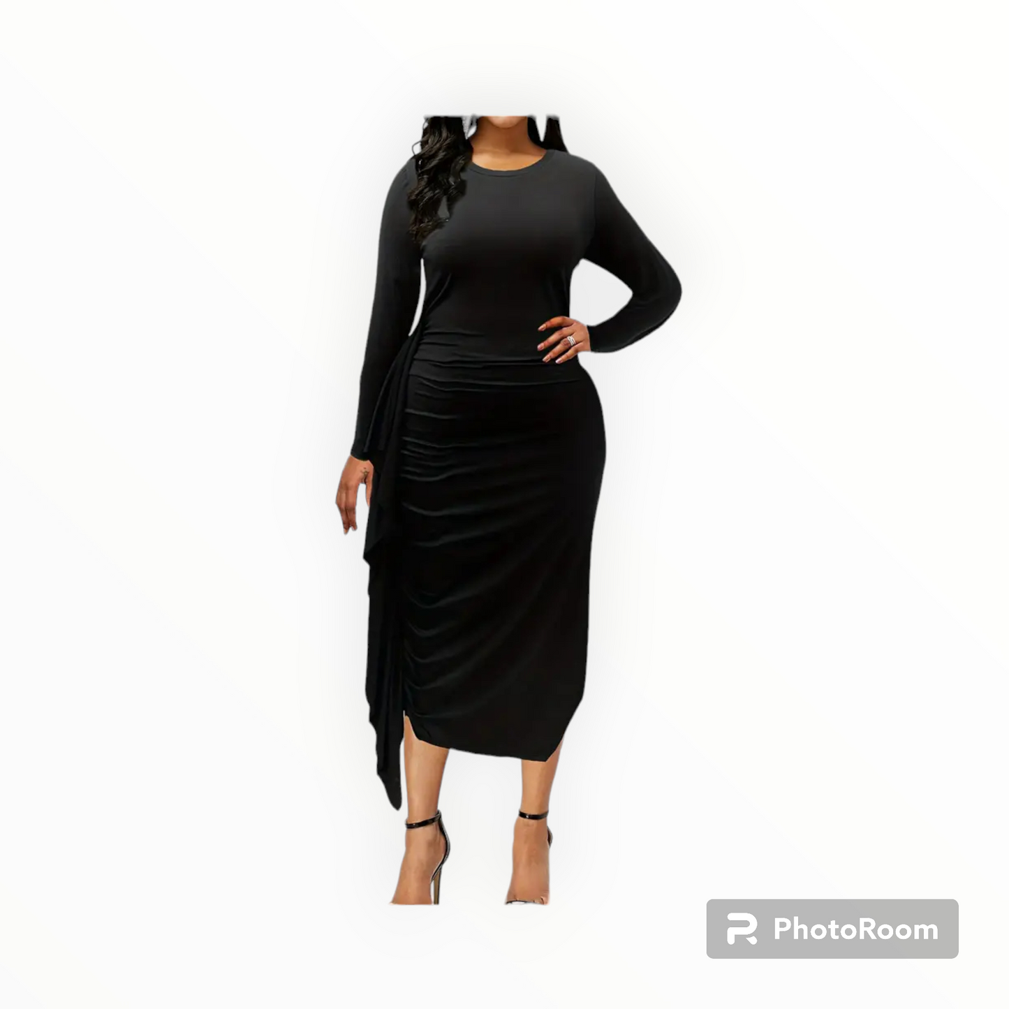 Plus size women ruffle trim side drape midi dress