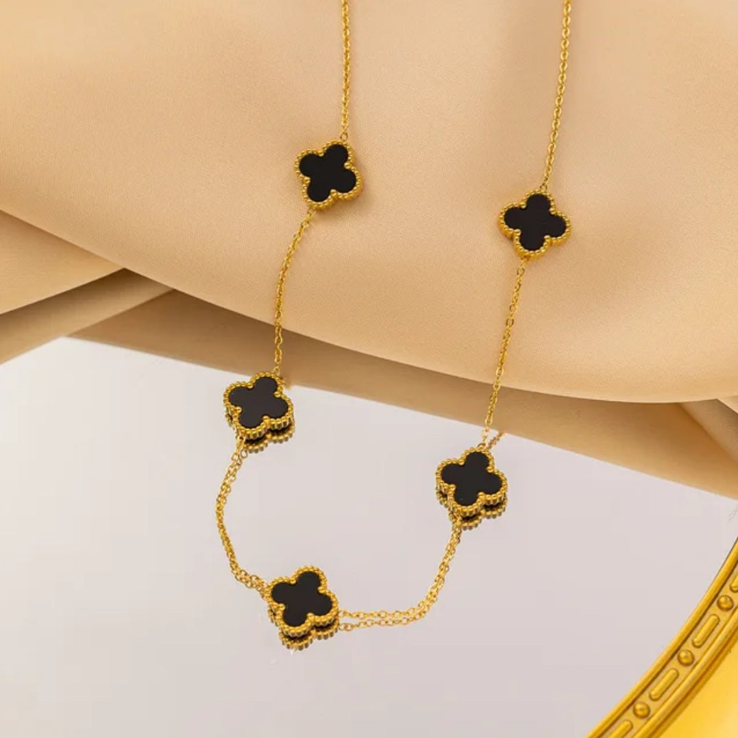 Stainless Steel Van 5 Charm 4 leaf Clover Necklace