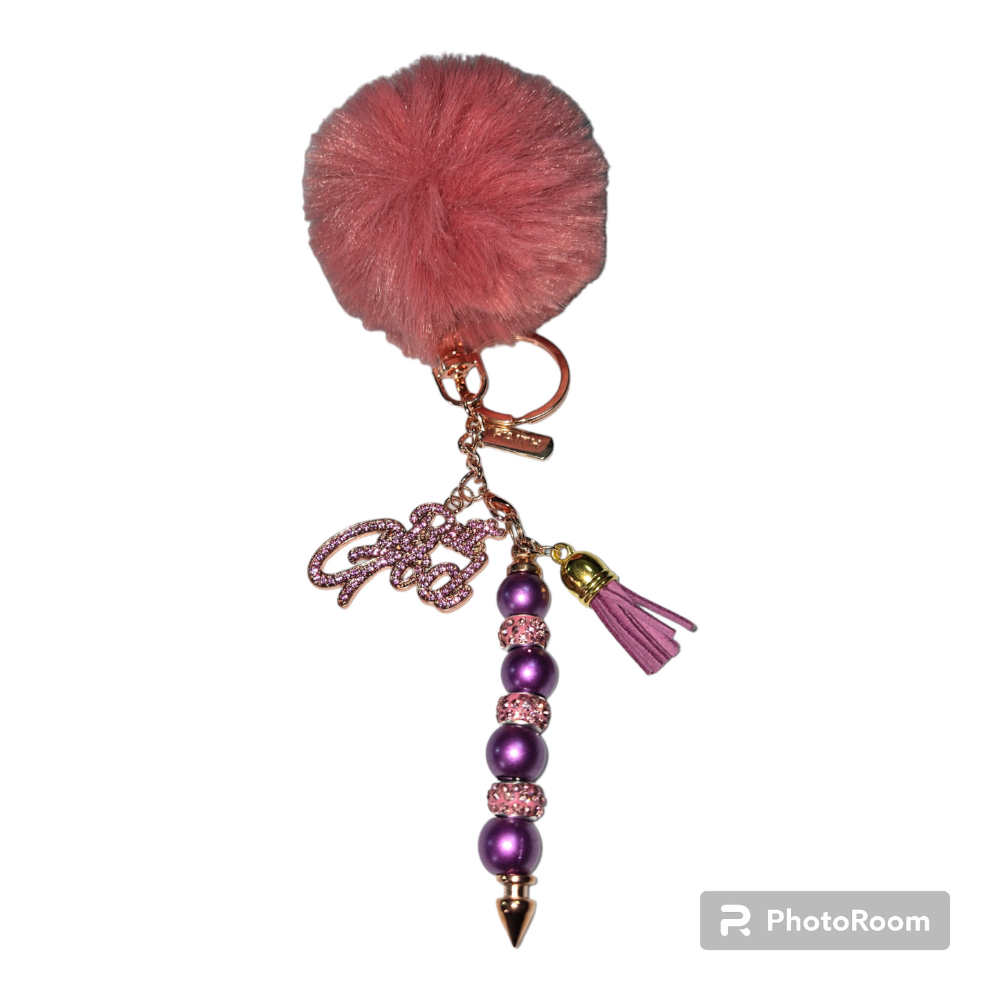 Pom pom beaded bar keychain