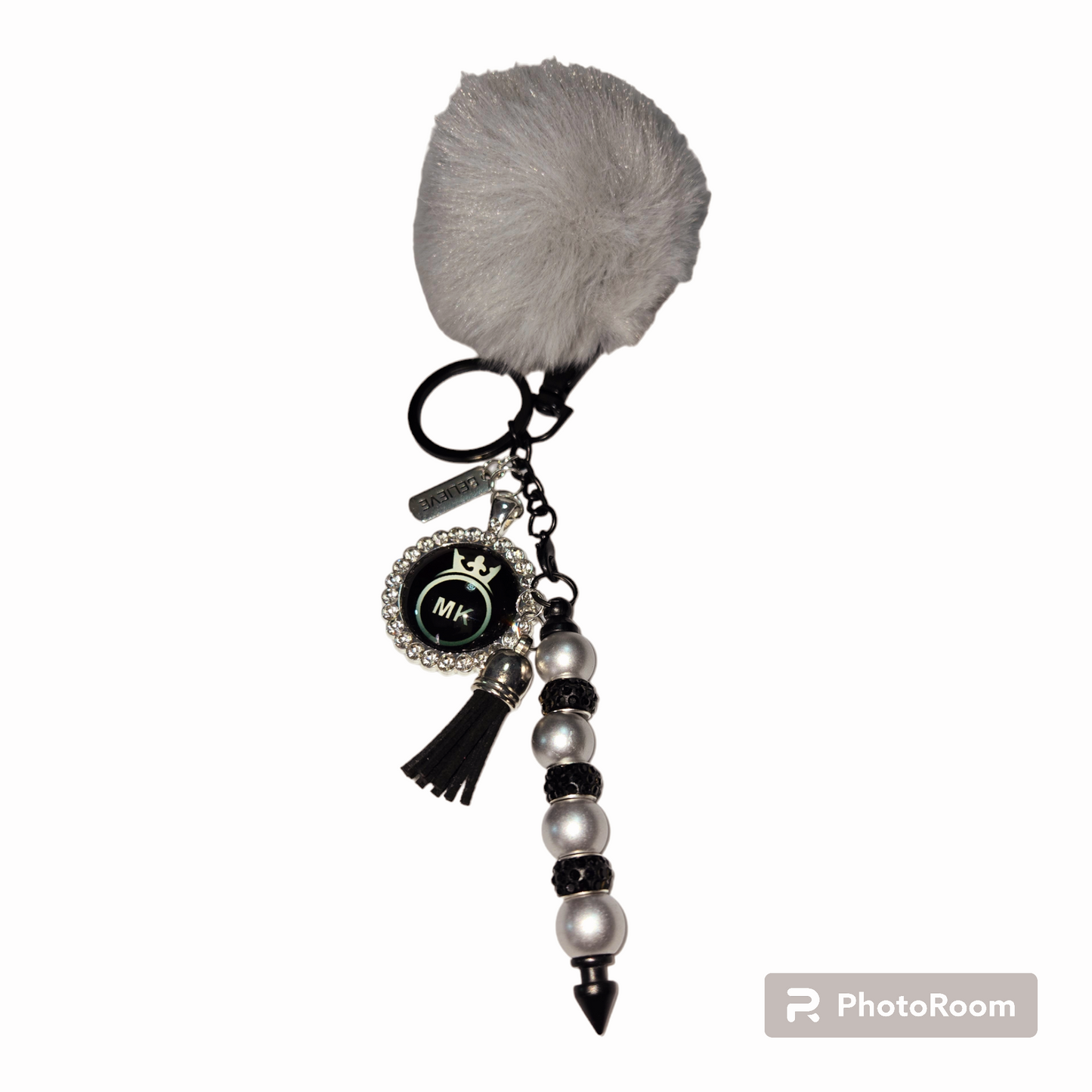 Pom pom beaded bar key chain