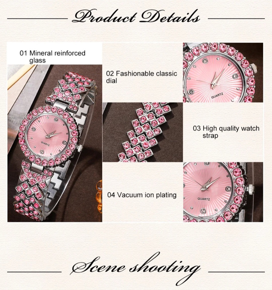 Women Pink Rhinestone Quartz Watch