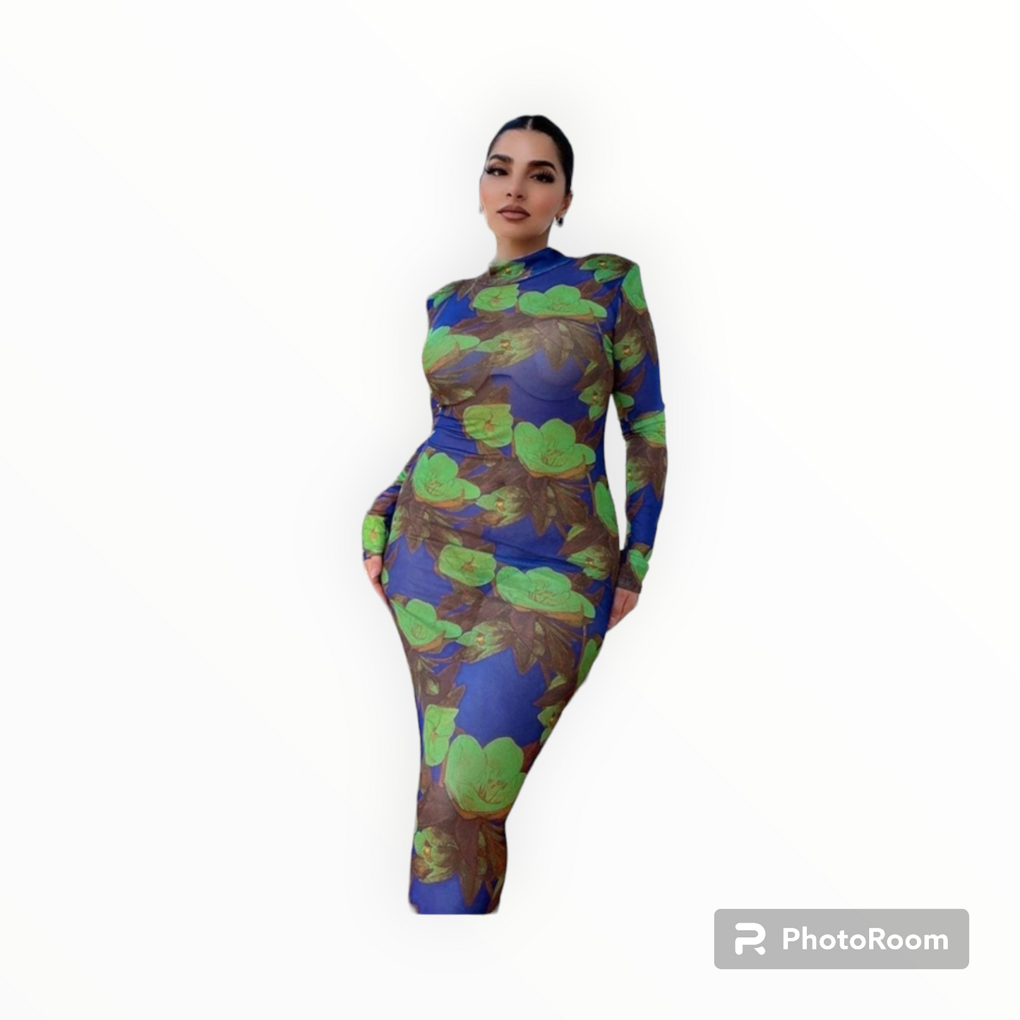 Floral meshed mock-neck long sleeve maxi dress