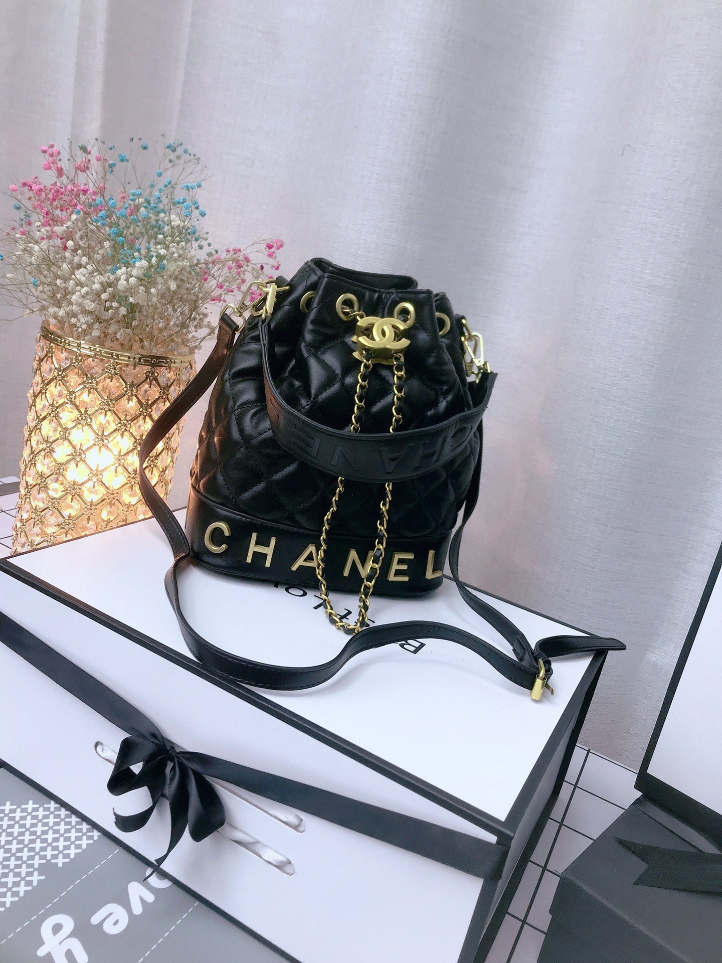 Chanel inspired quilted bucket handbag