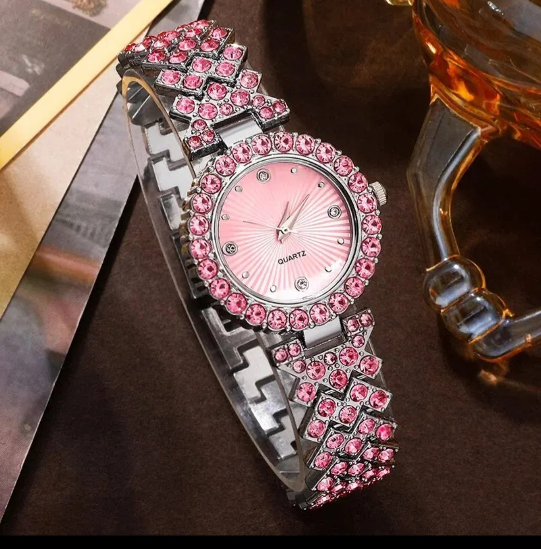Women Pink Rhinestone Quartz Watch