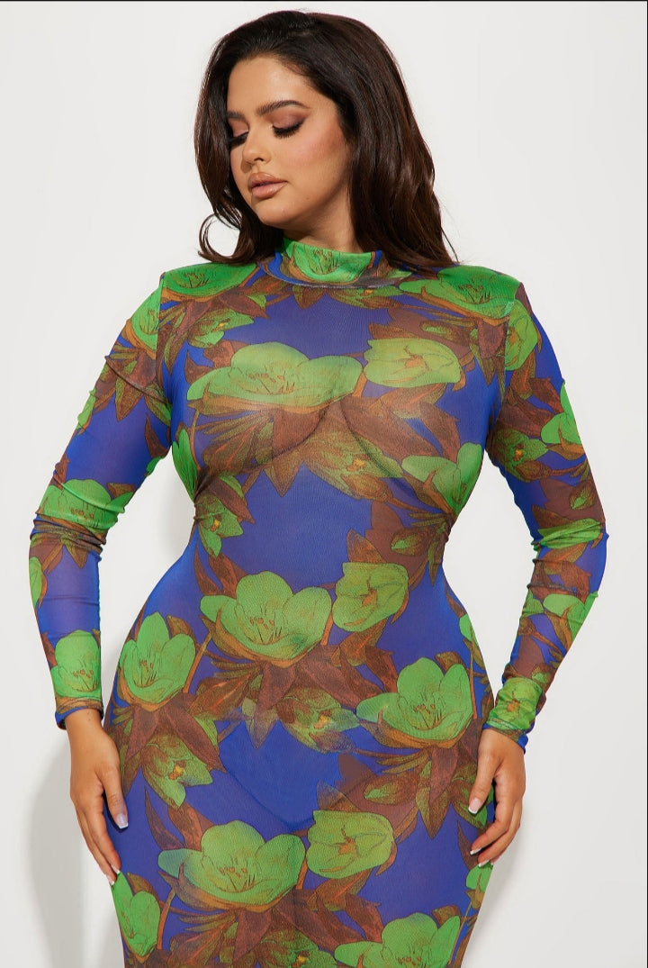 Floral meshed mock-neck long sleeve maxi dress