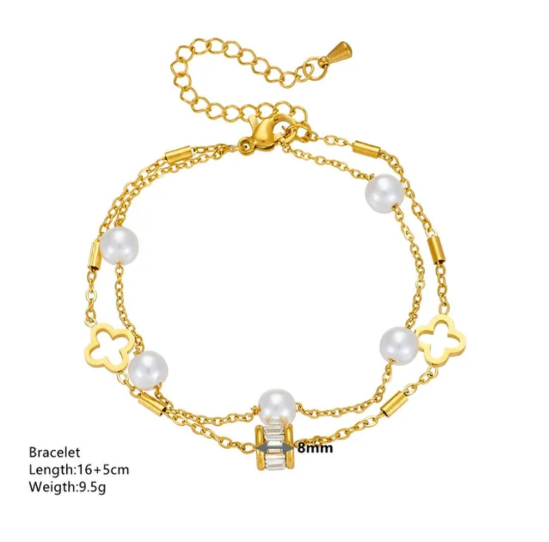 Double chain pearl 4 leaf clover bracelet