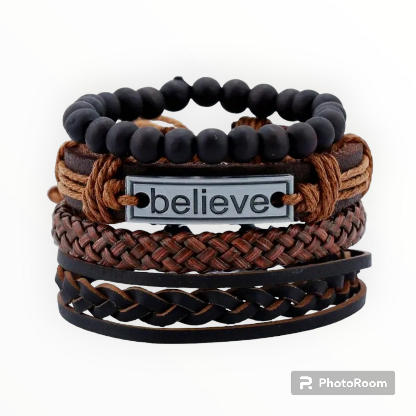 Beaded and braided leather bracelet set
