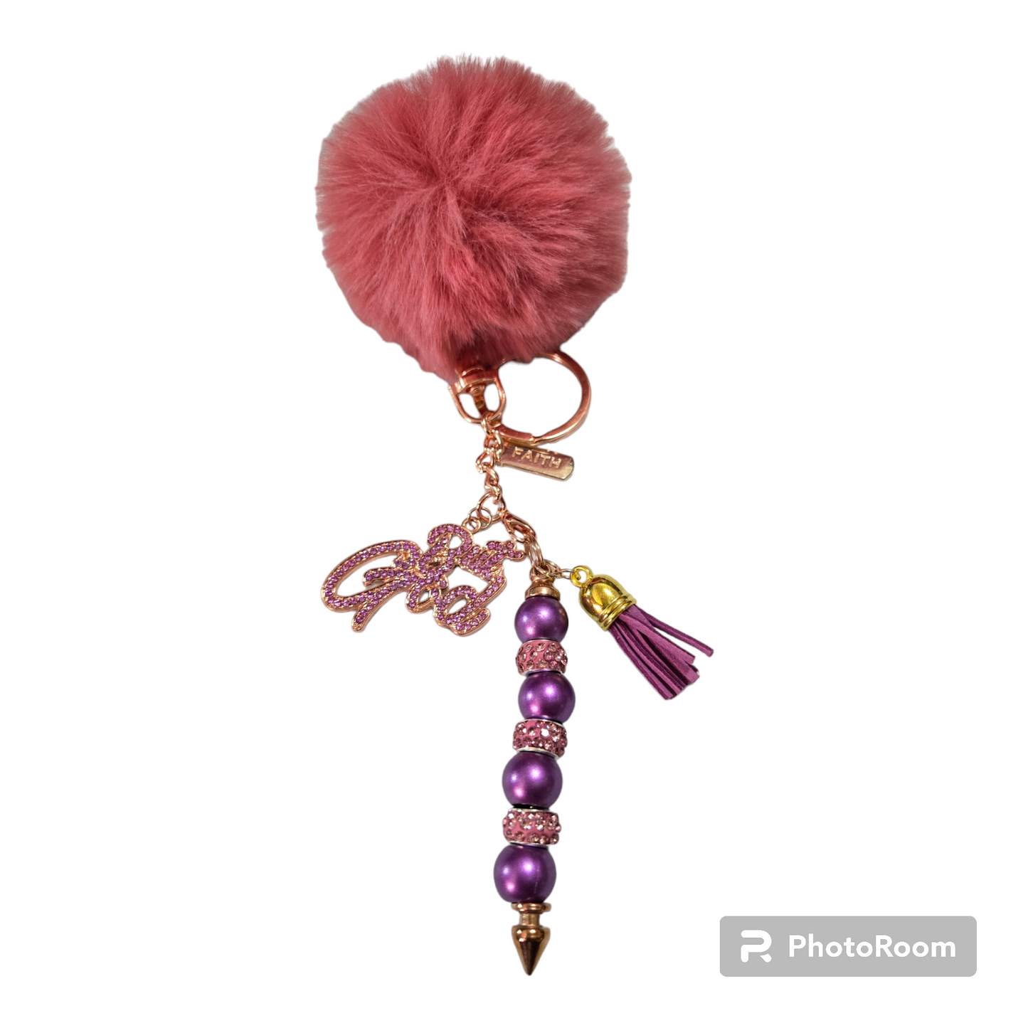 Pom pom beaded bar keychain