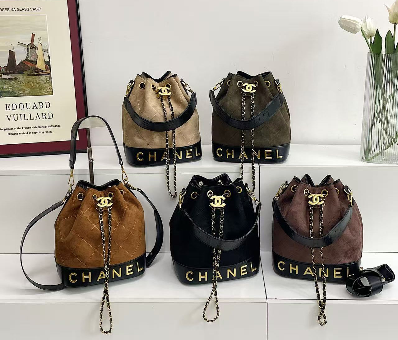 Chanel inspired Suade bucket handbag