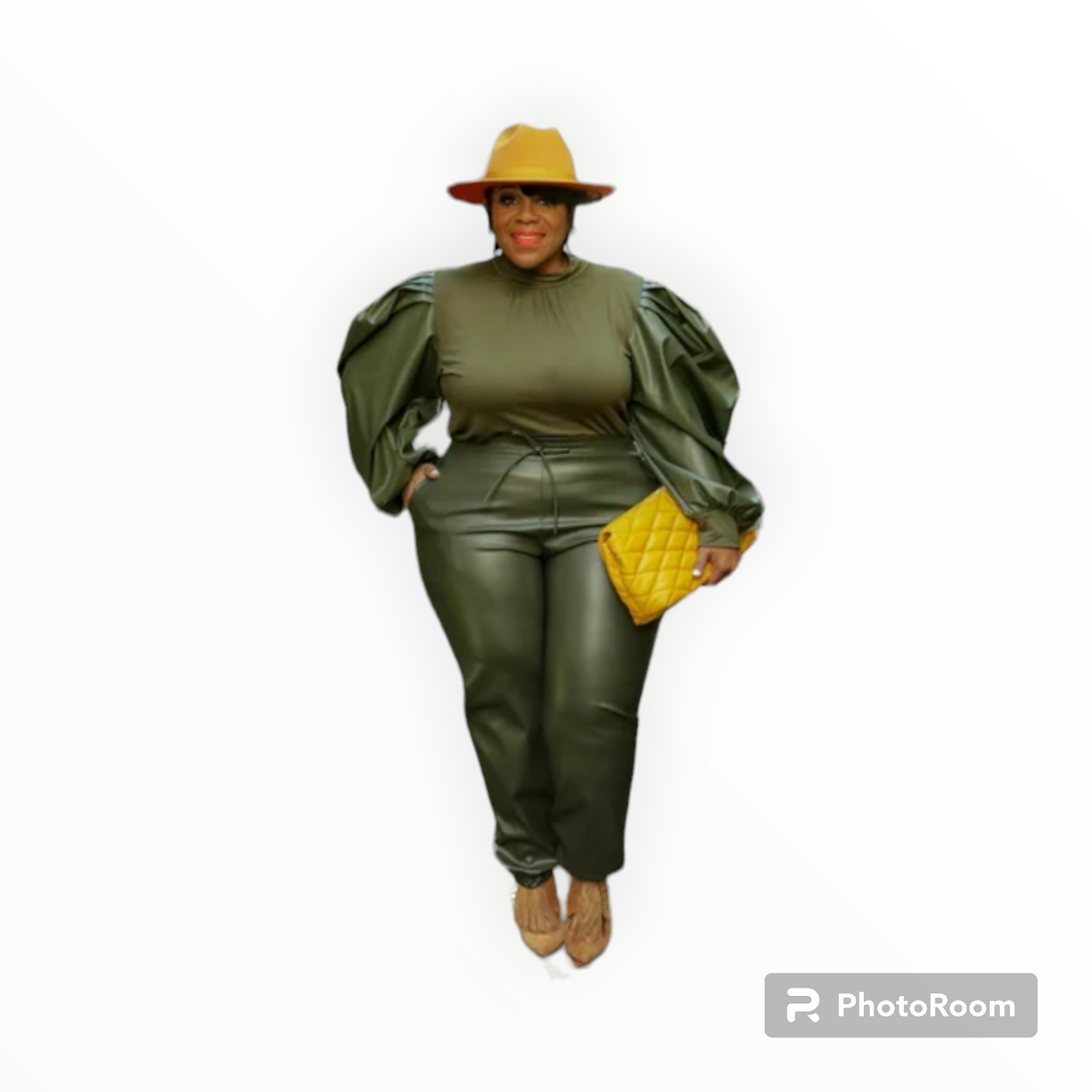Plus size Puff sleeves faux leather 2pc joggers set