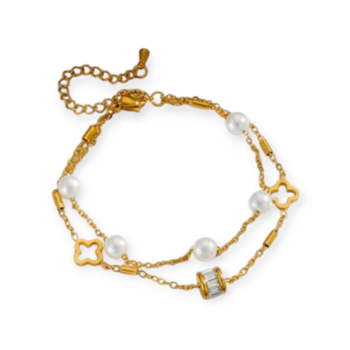Double chain pearl 4 leaf clover bracelet