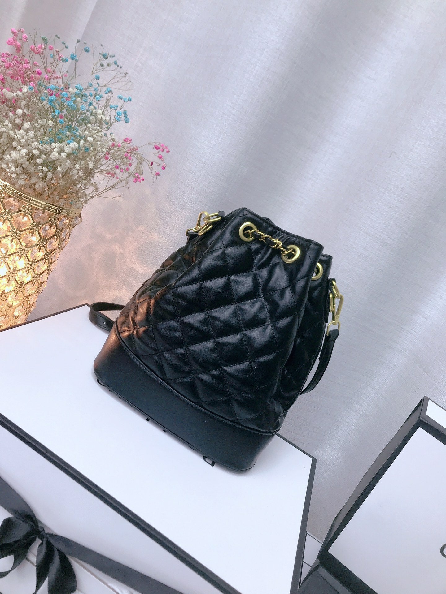 Chanel inspired quilted bucket handbag