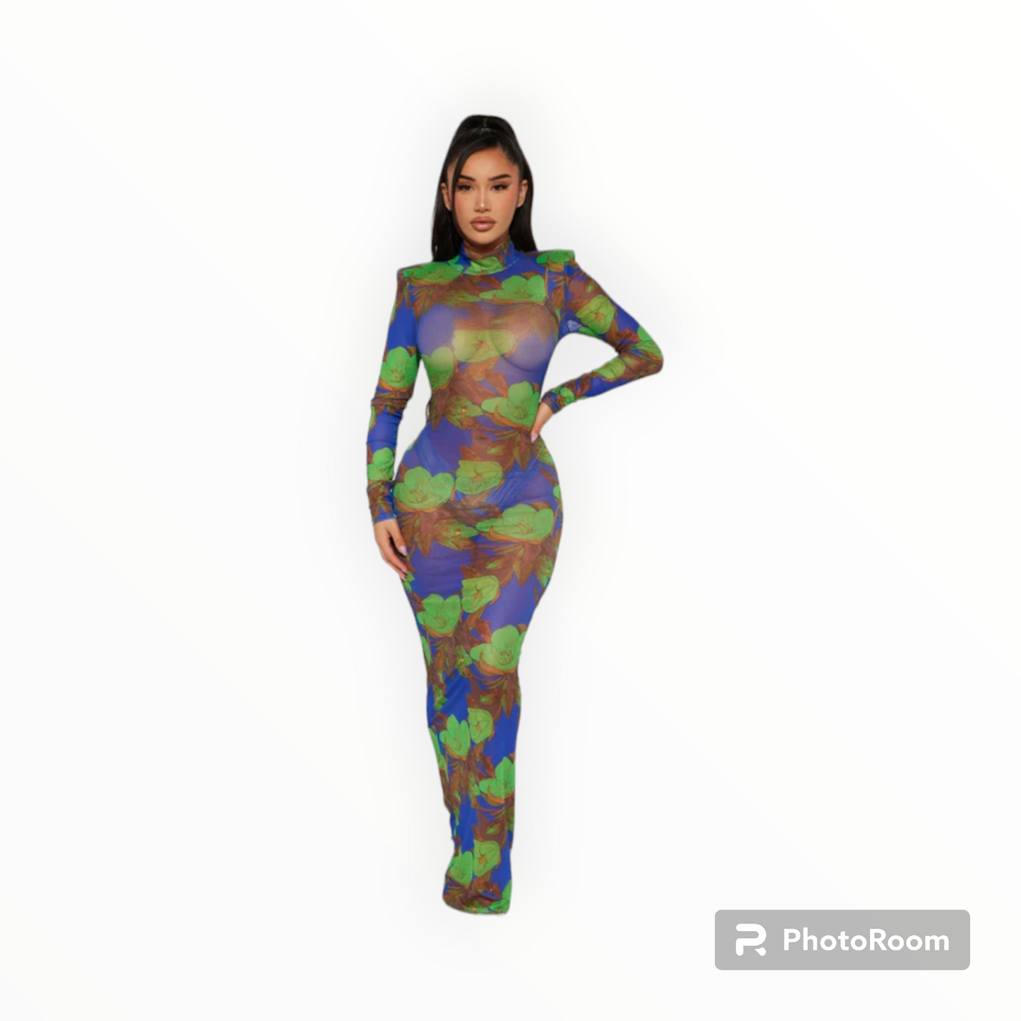 Floral meshed mock-neck long sleeve maxi dress