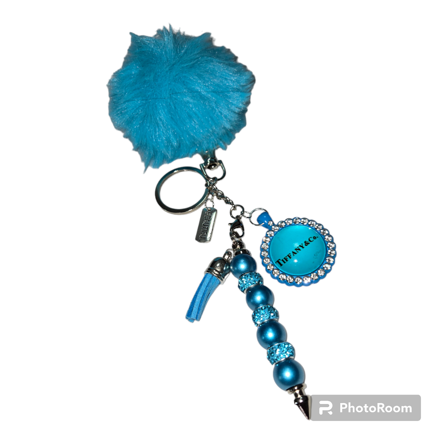 Pom pom beaded bar key chain