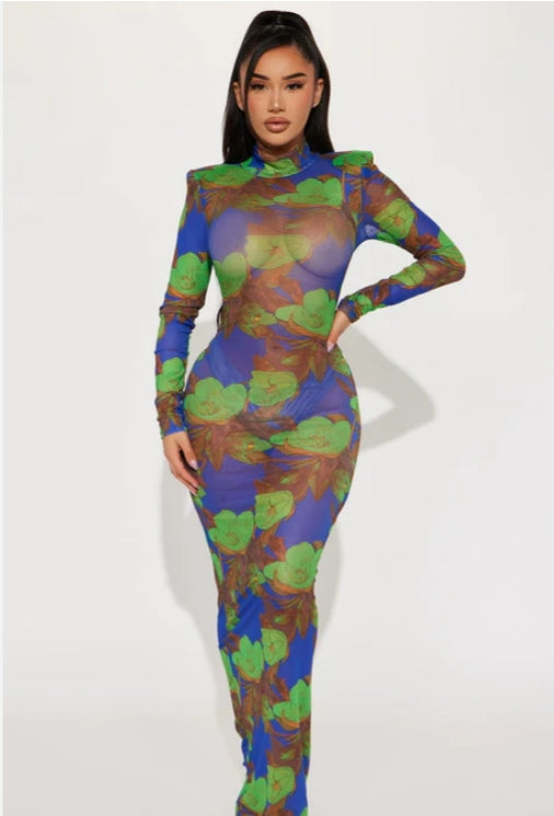 Floral meshed mock-neck long sleeve maxi dress