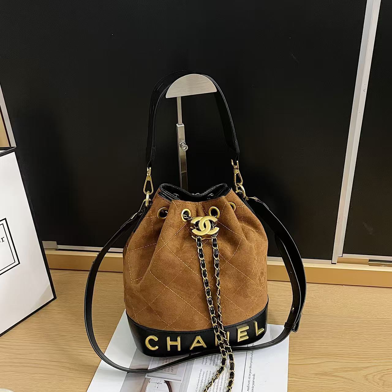 Chanel inspired Suade bucket handbag