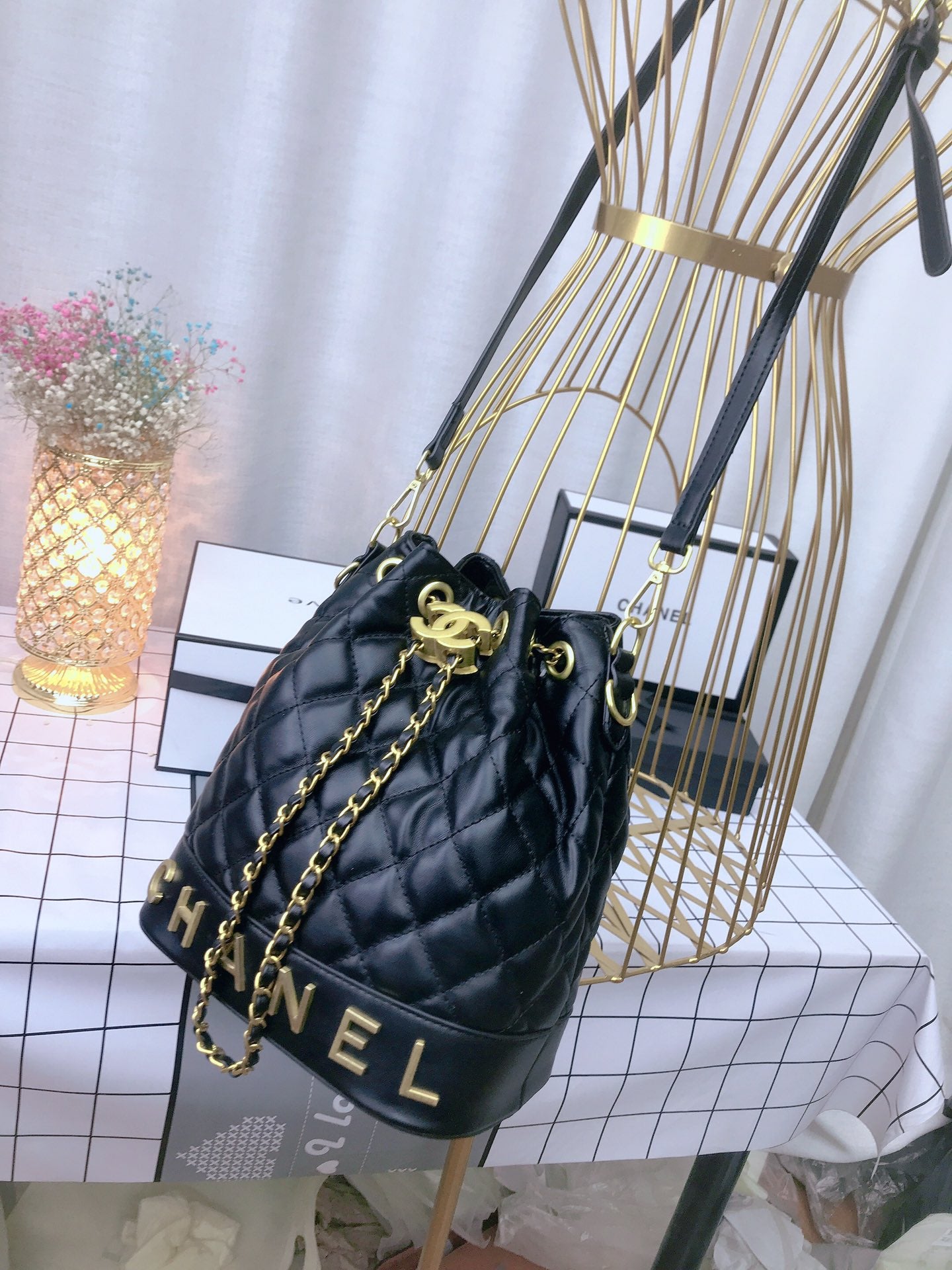Chanel inspired quilted bucket handbag