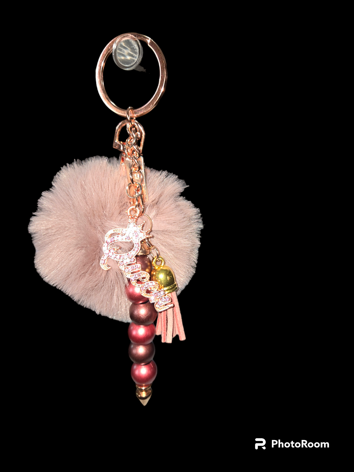 Pom pom beaded bar keychain