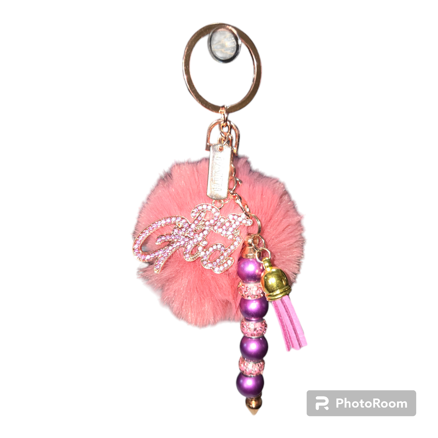Pom pom beaded bar keychain