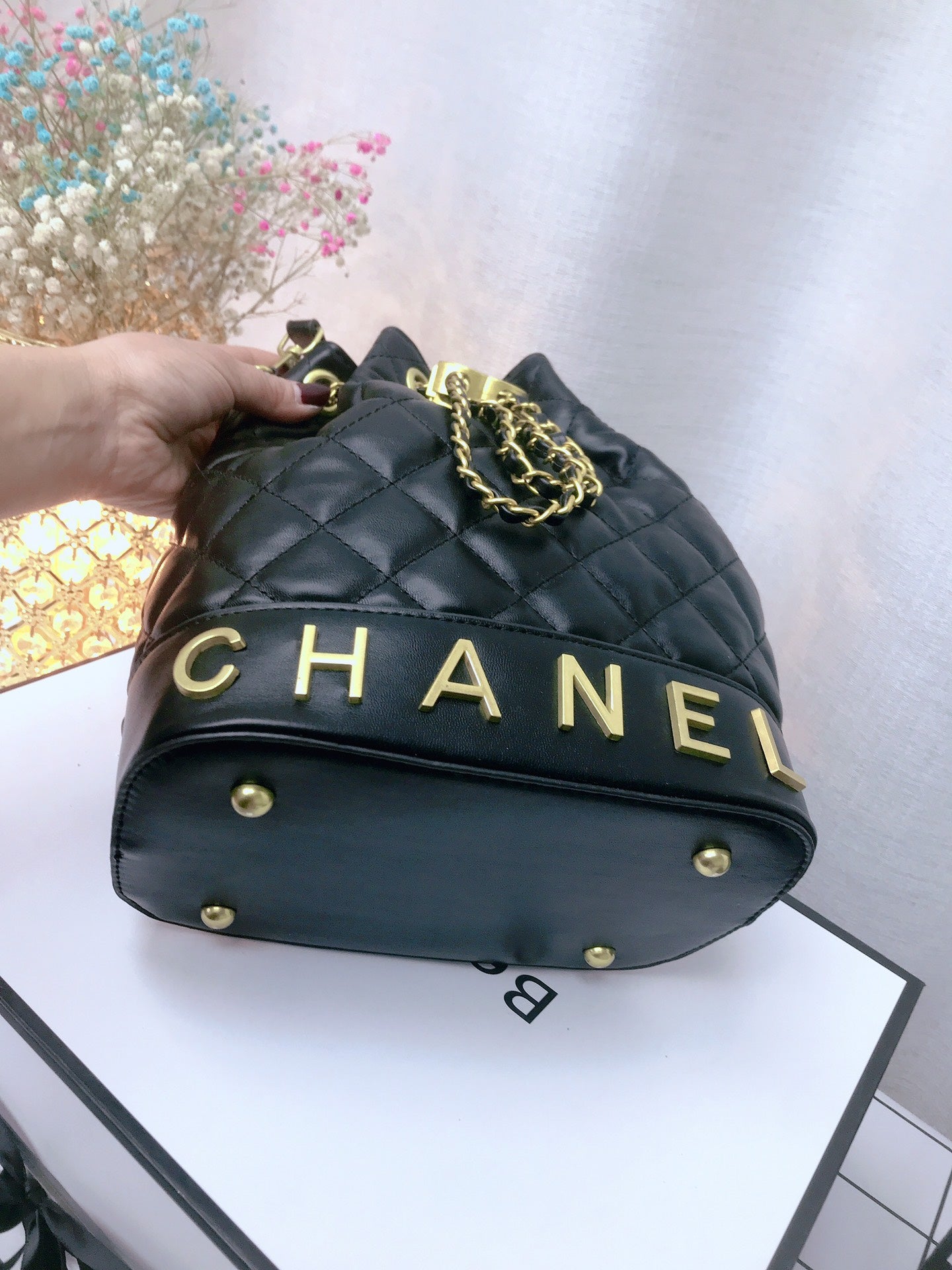 Chanel inspired quilted bucket handbag